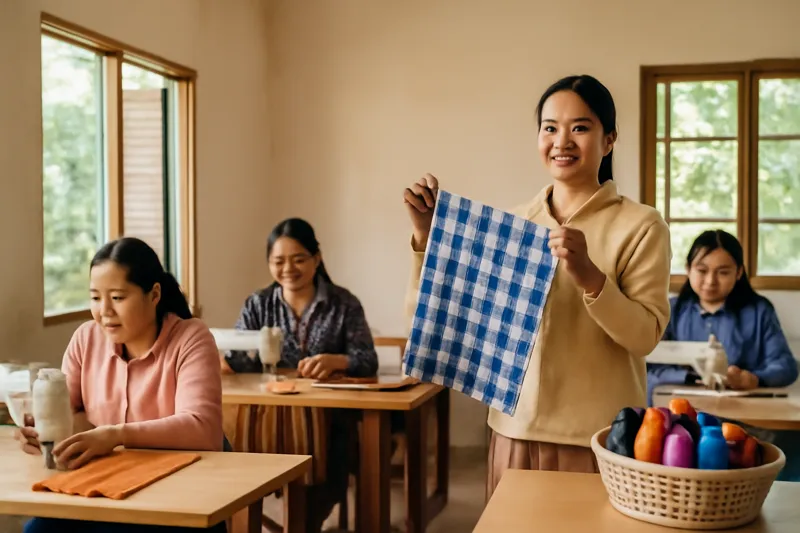 Atelier de formation communautaire au Cambodge où des femmes apprennent la couture et le tissage, une formatrice présente un tissu à carreaux bleus