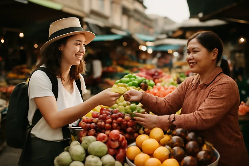 Voyageuse souriante achetant des fruits à une vendeuse cambodgienne sur un marché animé de Phnom Penh