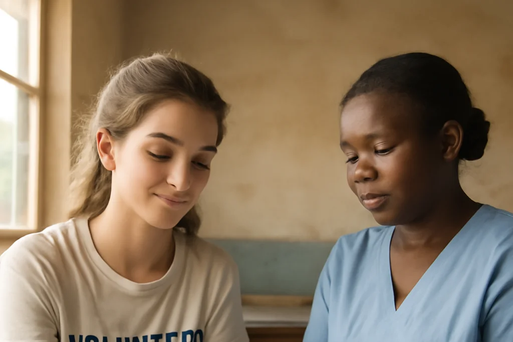 Volontaire recevant un soin léger d'une infirmière locale dans une clinique rurale modeste, ambiance rassurante