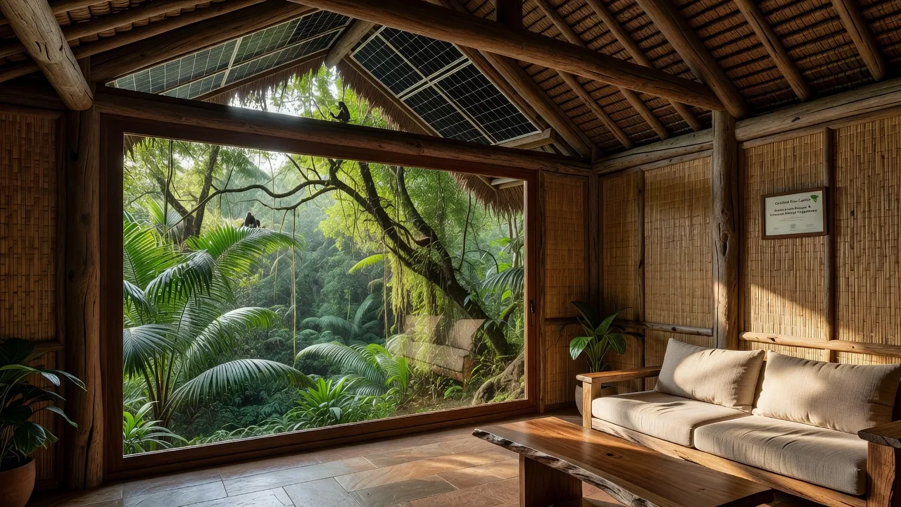 Intérieur d'un éco-lodge certifié avec panneaux solaires visibles, matériaux naturels, vue panoramique sur jungle tropicale
