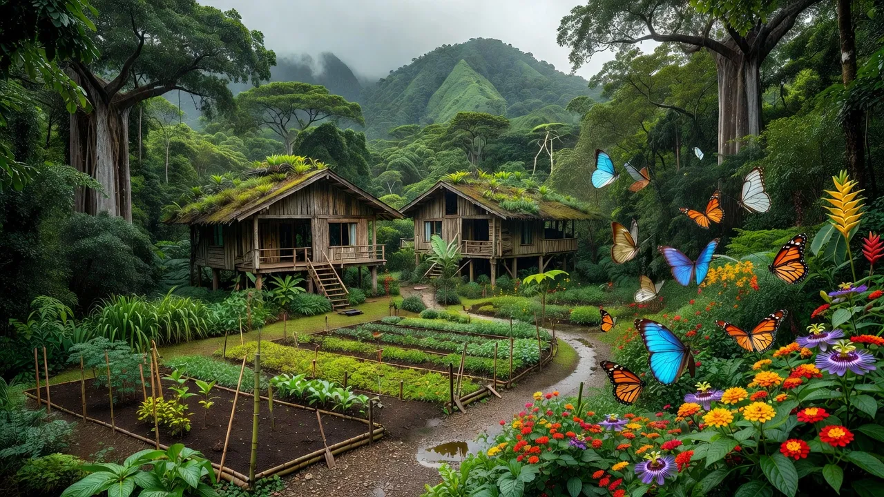 Éco-lodge au Costa Rica avec jardin de permaculture, papillons, forêt tropicale dense, style photojournalisme
