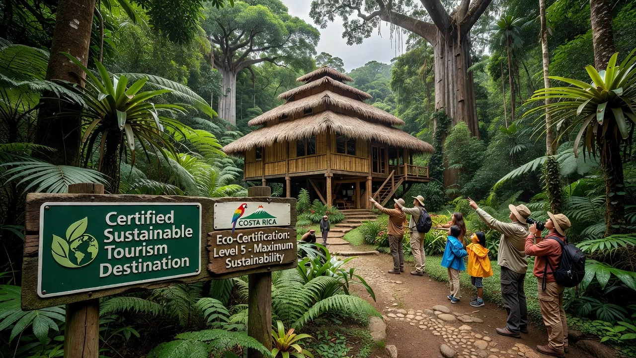 Éco-lodge certifié Costa Rica avec panneaux solaires et signalétique Rainforest Alliance — tourisme durable certifié