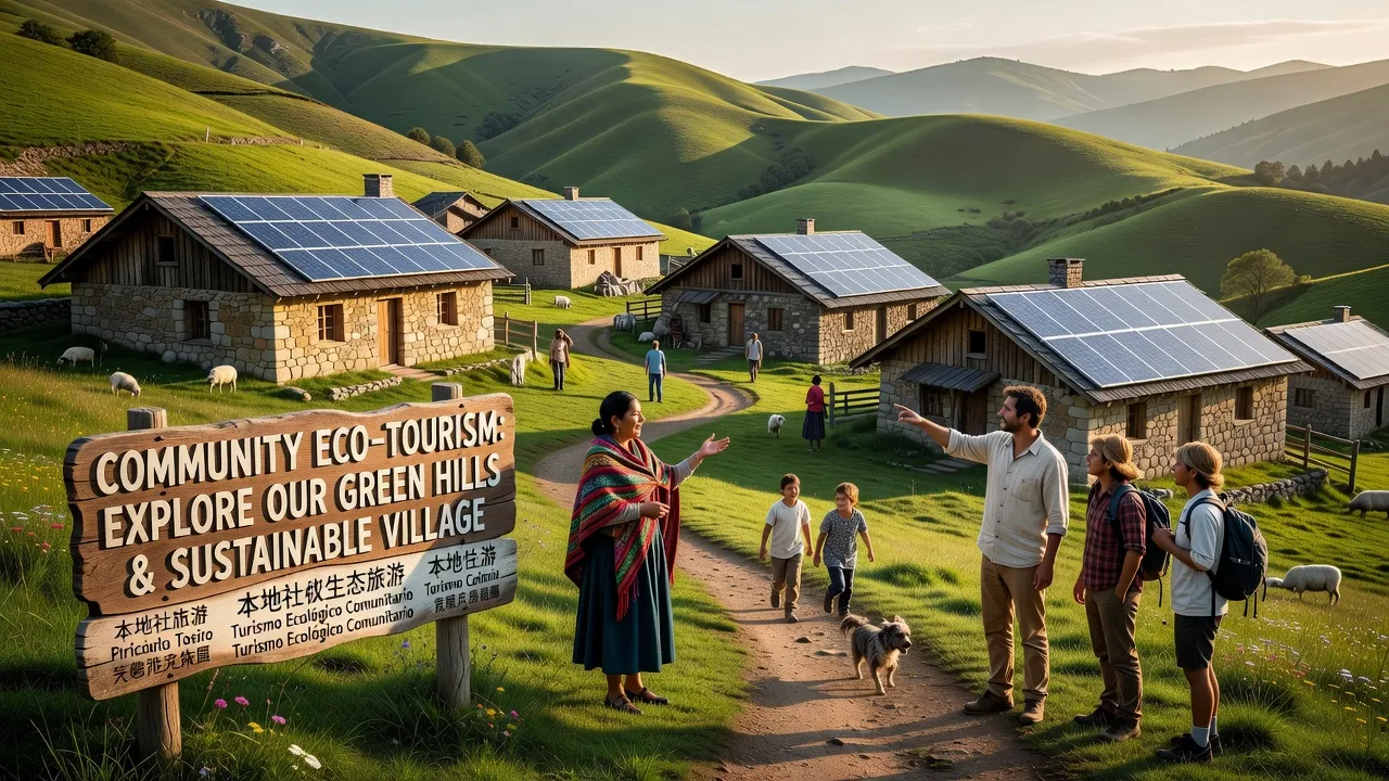 Village éco-touristique certifié GSTC en montagne avec panneaux solaires et signalétique tourisme communautaire