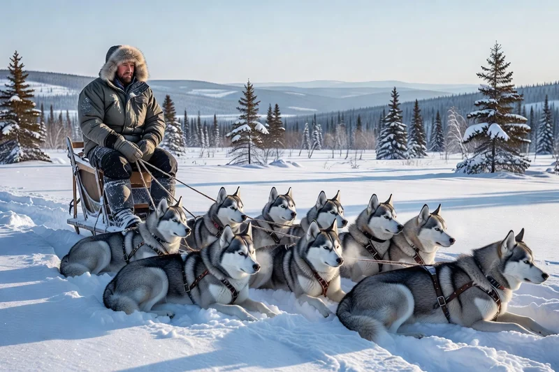 Musher assis sur son traîneau avec son attelage de huskies au repos dans un paysage enneigé du Québec