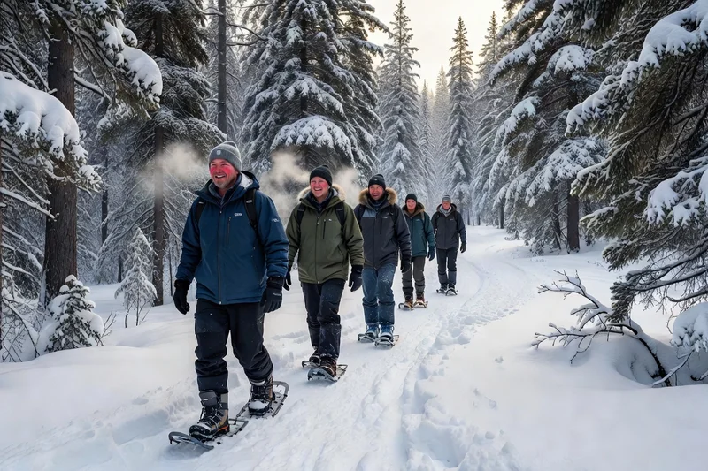 Groupe de randonneurs en raquettes sur un sentier enneigé entre des sapins enneigés d'un parc canadien
