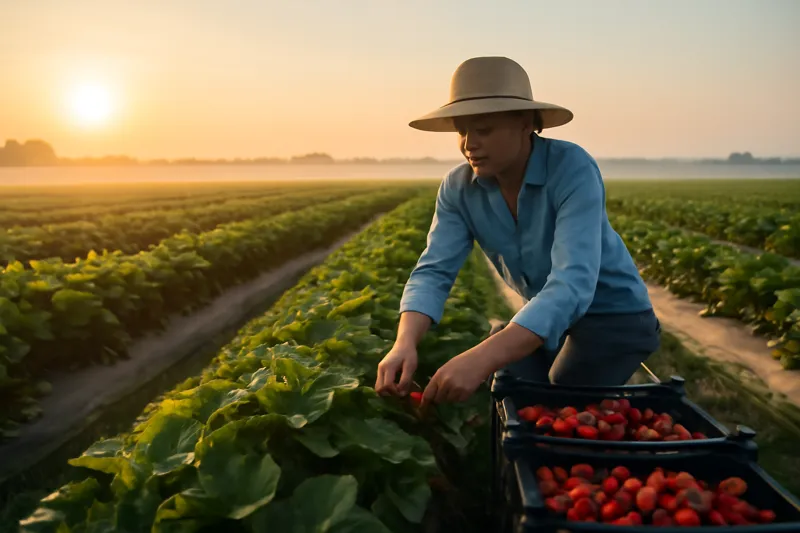 Travailleuse agricole cueillant des fraises dans de longues rangées d'une grande exploitation du Queensland au lever du soleil, caisses de fraises à ses côtés