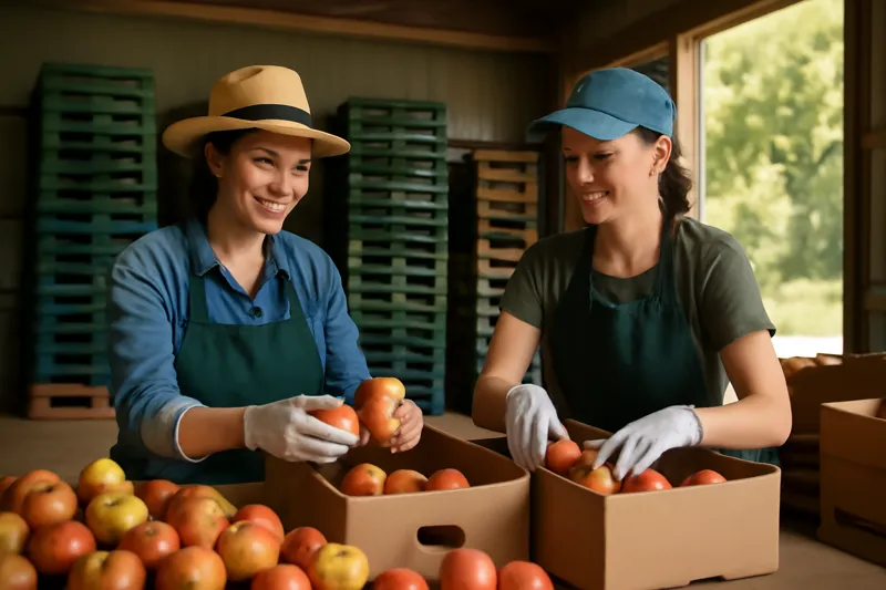 Deux travailleuses triant et emballant des pommes dans des cartons, dans un hangar d'emballage lumineux d'une exploitation australienne