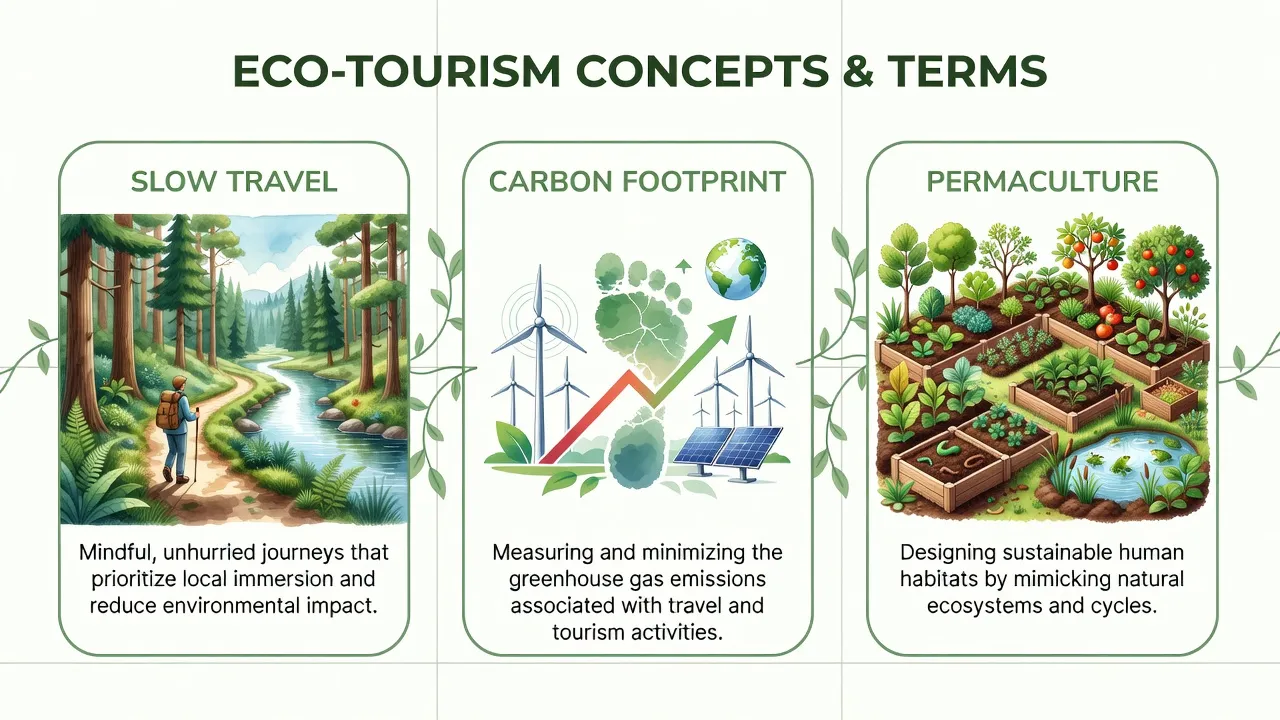 Illustration infographique des termes éco-tourisme — slow travel, empreinte carbone, permaculture — avec iconographie nature
