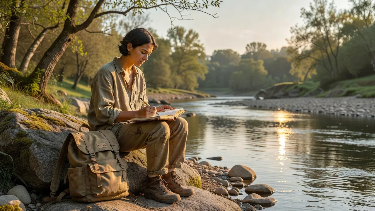 Voyageur slow travel avec carnet au bord d'une rivière, sac à dos durable minimaliste, style contemplatif