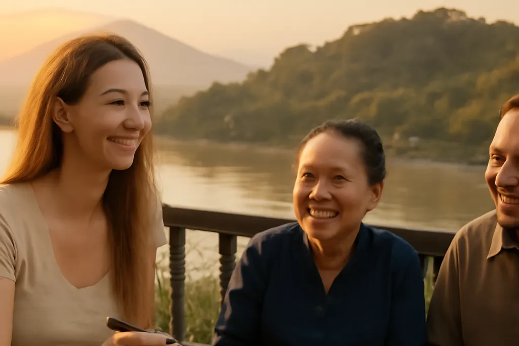 Voyageuse partageant un repas avec une famille laotienne sur une terrasse en bois surplombant le Mékong au coucher du soleil