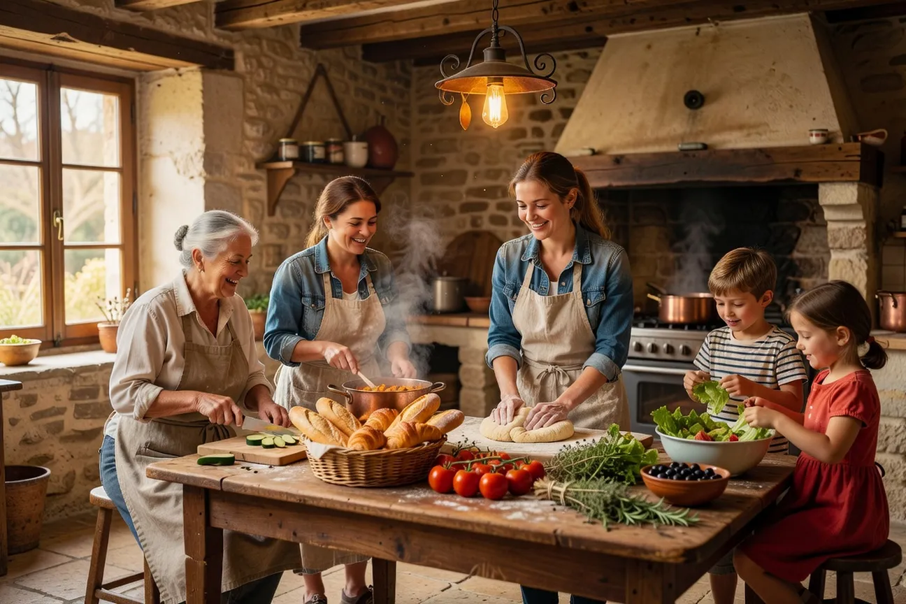 Famille française accueillant un volontaire HelpX dans leur jardin en Bretagne avec légumes du potager