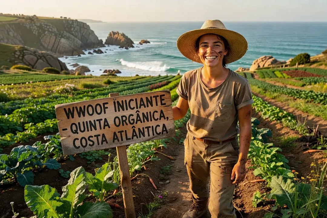 Volontaire WWOOF débutant sur une ferme bio portugaise, paysage côte atlantique, expression joyeuse