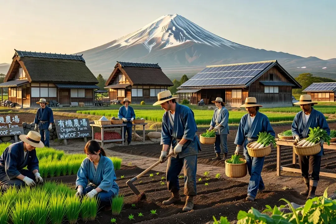 Ferme bio japonaise avec volontaires WWOOF, Mont Fuji en arrière-plan, harmonie entre tradition et durabilité