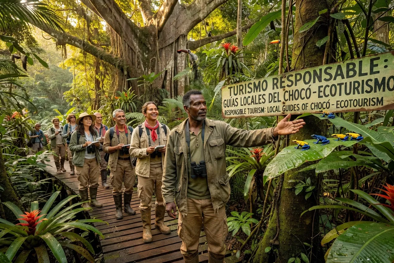 Guides locaux colombiens accompagnant des voyageurs dans la forêt tropicale du Chocó, biodiversité exceptionnelle et tourisme responsable