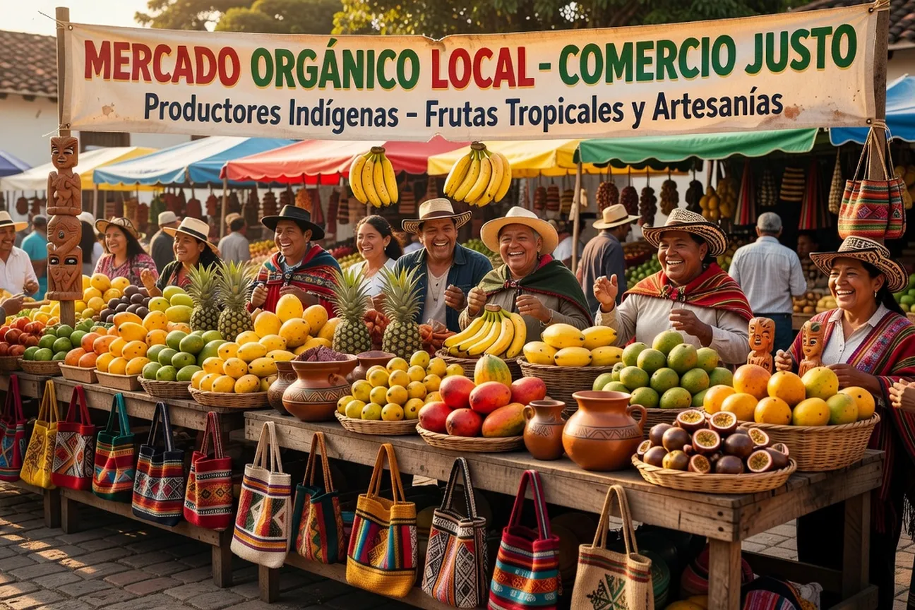 Marché local de producteurs biologiques en Colombie, fruits tropicaux et artisanat indigène, échange direct avec les producteurs