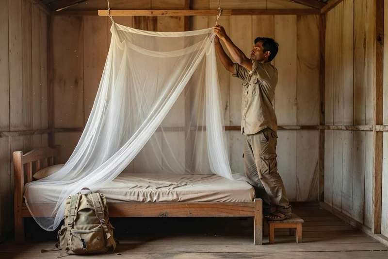 Volontaire installant une moustiquaire blanche au-dessus de son lit dans une chambre simple d'une ferme d'Asie du Sud-Est