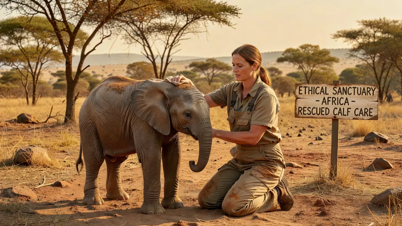 Volontaire bénévole prenant soin d'un éléphanteau en réhabilitation dans un sanctuaire éthique en Afrique, cadre naturel
