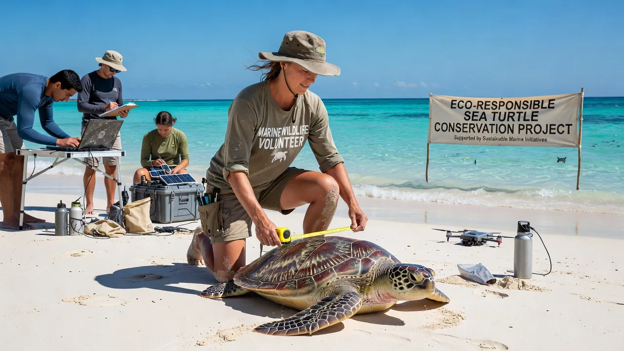 Volontaire avec programme de conservation des tortues marines, eau turquoise, équipe de recherche éco-responsable