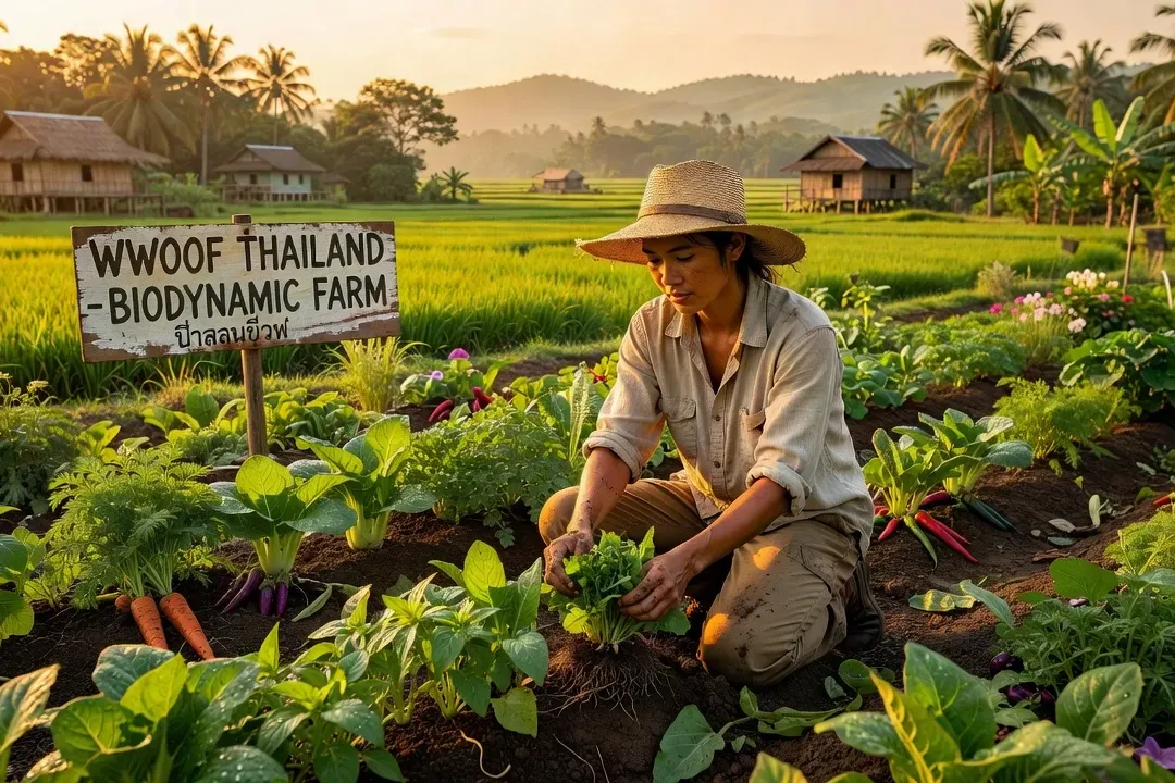 Volontaire WWOOF récoltant des légumes dans une ferme biodynamique thaïlandaise, paysage de rizières en fond