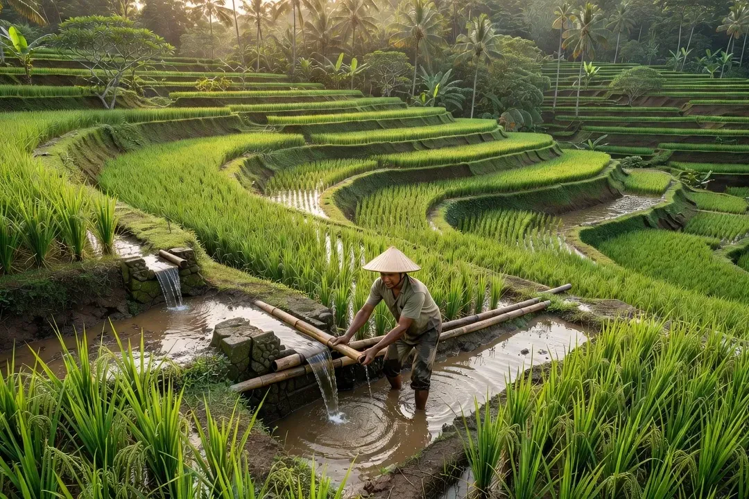 Terrasses de riz balinaises avec un volontaire woofer, irrigation traditionnelle subak, paysage tropical luxuriant