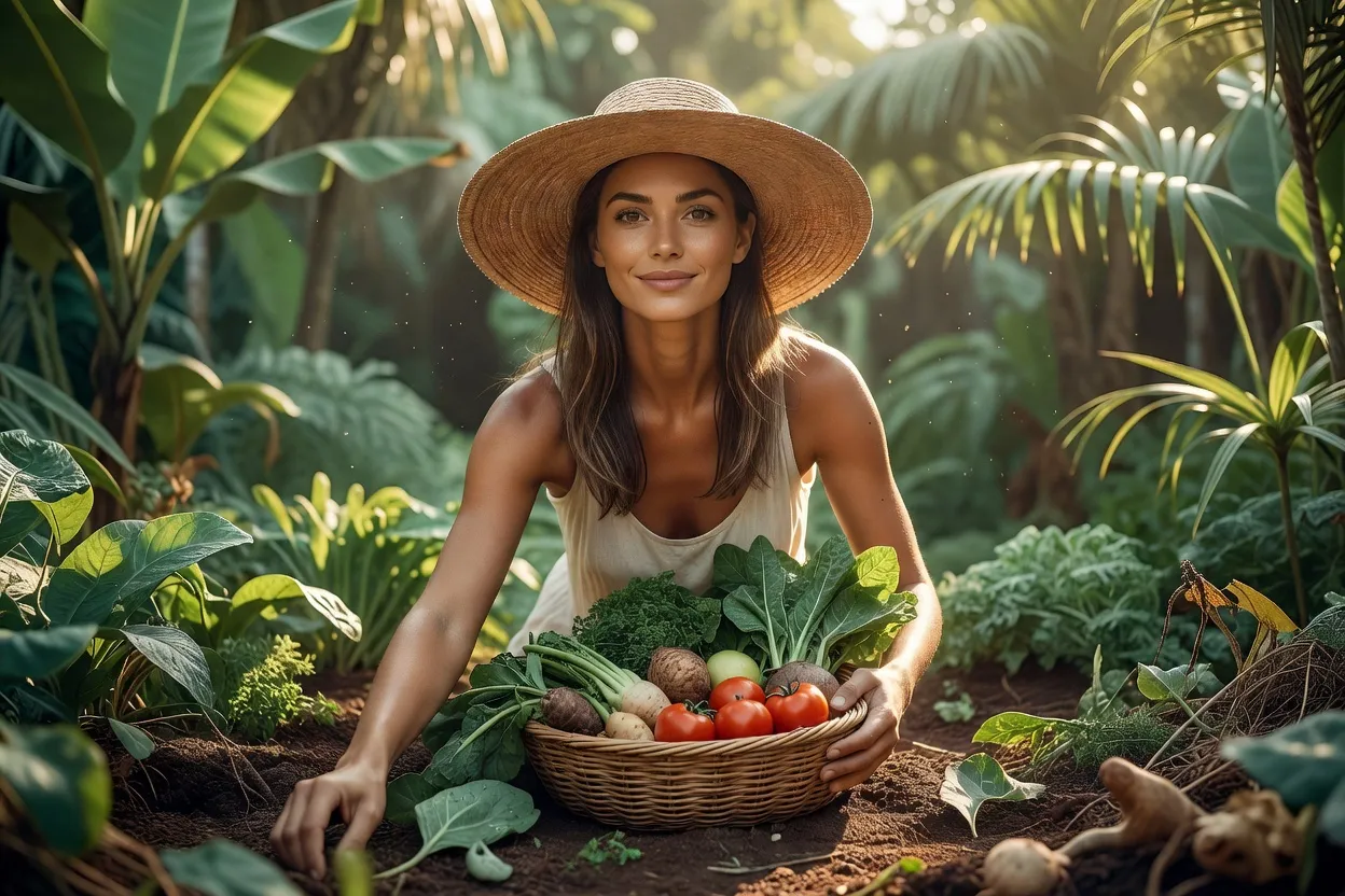 Femme volontaire récoltant des légumes dans un potager bio balinais, panier en osier, matinée ensoleillée