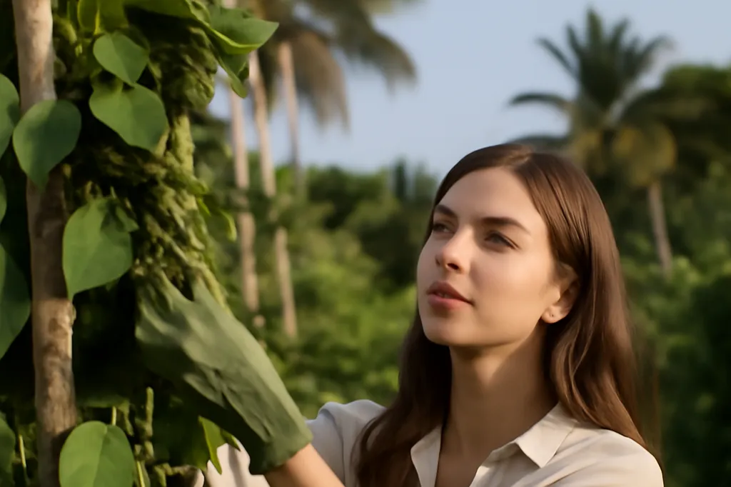 Volontaire cueillant des grains de poivre biologique dans une plantation près de Kampot au Cambodge
