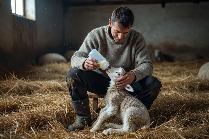 Volontaire donnant le biberon à un agneau nouveau-né dans une bergerie en hiver, paille fraîche au sol