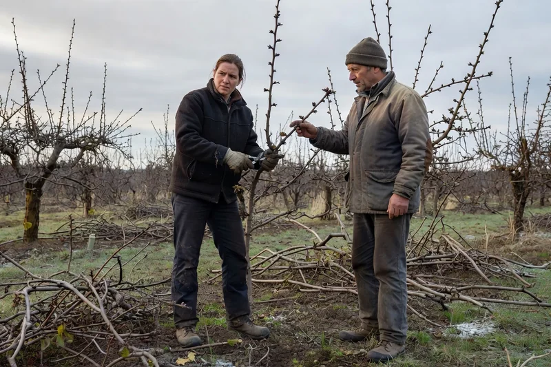 Volontaire apprenant la taille d'hiver auprès d'un fermier dans un verger, branches coupées au sol