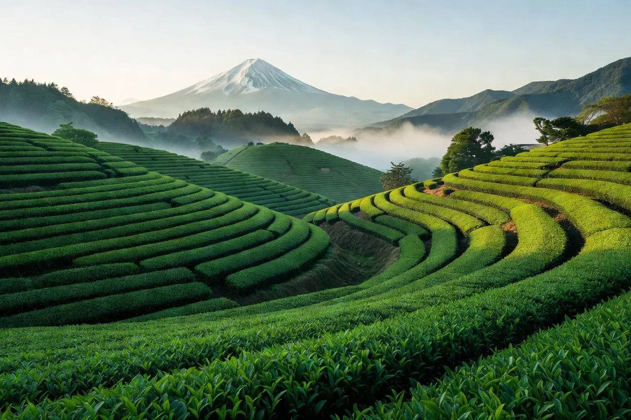 Jardins de thé en terrasses dans la préfecture de Shizuoka au Japon, rangs de théiers verts brillants et Mont Fuji en arrière-plan