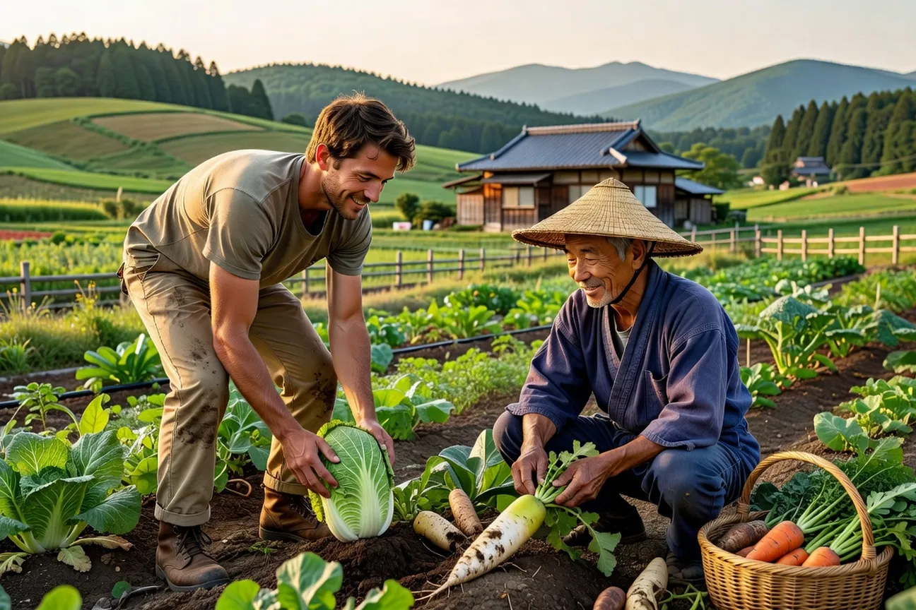 Woofer et agriculteur japonais en train de récolter des légumes dans une ferme biologique d'Hokkaido, ambiance rurale authentique du Japon