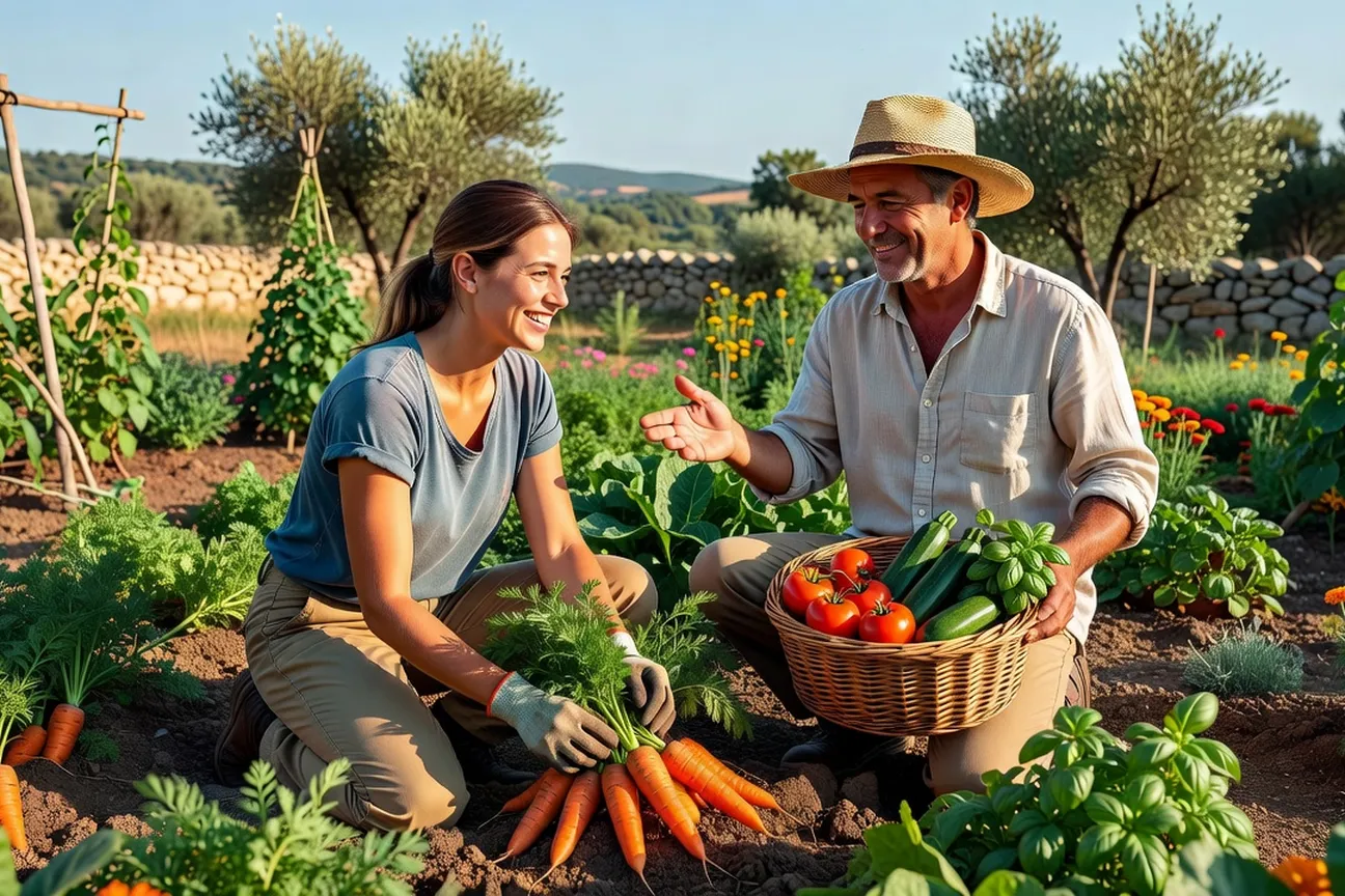 Workawayer et hôte travaillant ensemble dans un potager biologique en Espagne, échange interculturel et apprentissage agricole
