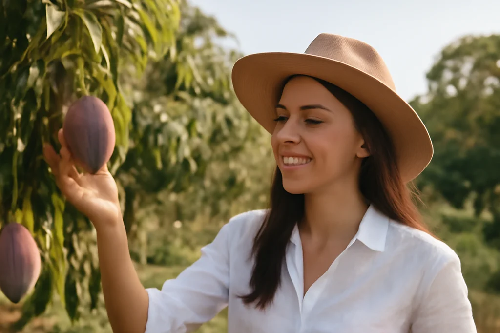 Volontaire souriante récoltant des mangues dans une ferme tropicale du Queensland, chapeau de paille, verger luxuriant