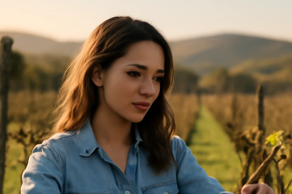 Volontaire dans un vignoble bio en Victoria, rangées de vignes à perte de vue, lumière dorée
