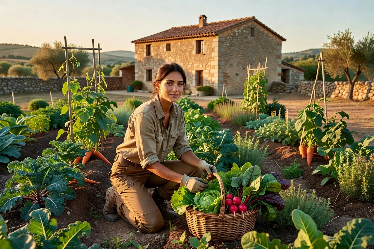 Volontaire récoltant des légumes dans un potager de permaculture devant une ferme en pierre catalane