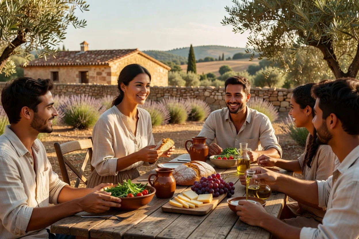 Groupe de volontaires partageant un repas convivial en extérieur sur une ferme bio espagnole, pain, fromage et huile d'olive sur la table