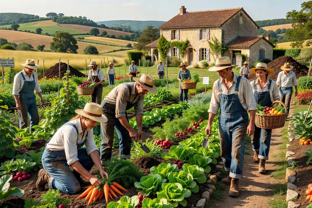 Volontaires WWOOF travaillant dans un jardin bio français, ferme biodynamique en Bretagne, journée ensoleillée