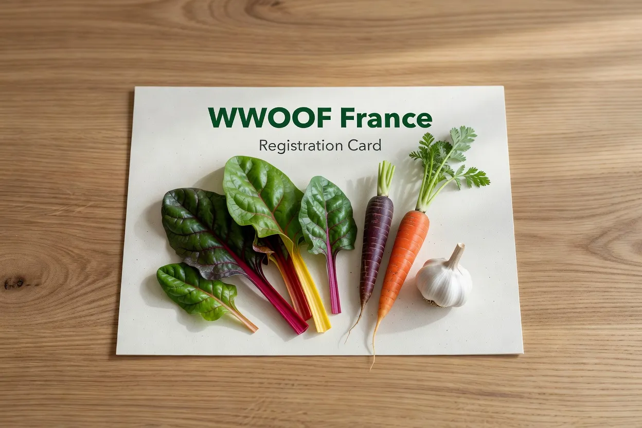 Carte d'adhérent WWOOF France avec légumes bio, photo symbolique, style minimaliste et épuré