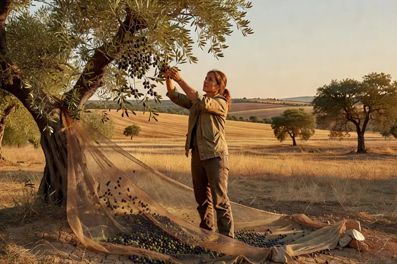 Voyageuse cueillant des olives dans une oliveraie ancienne de l'Alentejo, filet étalé au pied des arbres