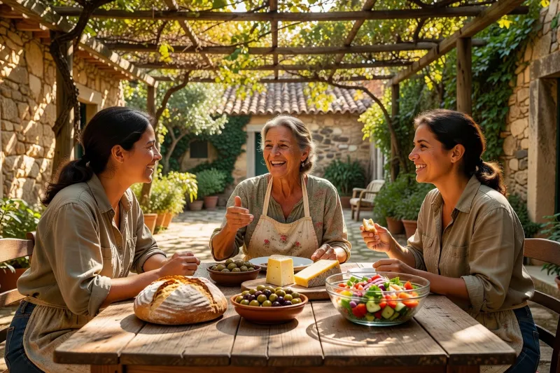 Deux volontaires et une hôtesse partageant un repas sur une table en bois dans la cour d'une ferme portugaise