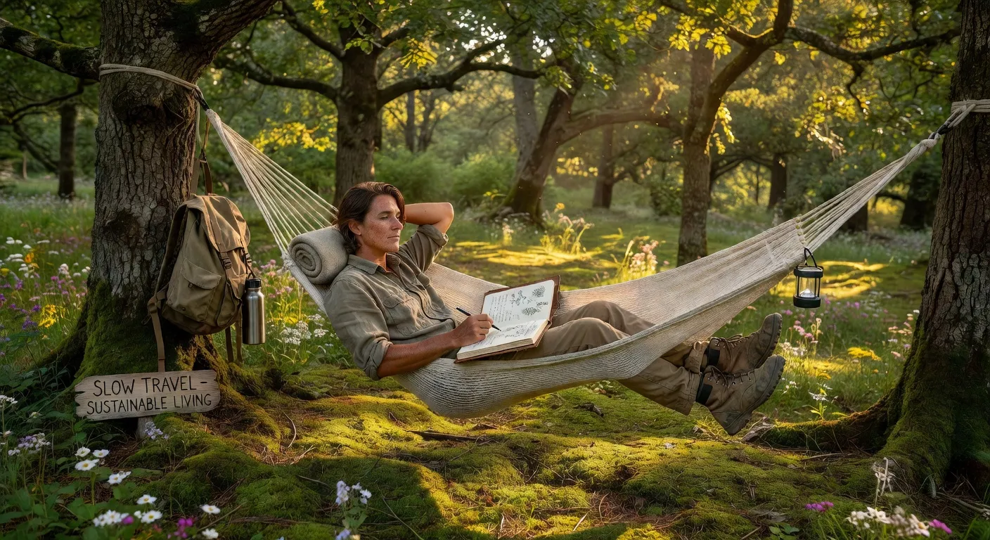 Voyageur en slow travel, journal de bord et hamac dans la nature — immersion locale