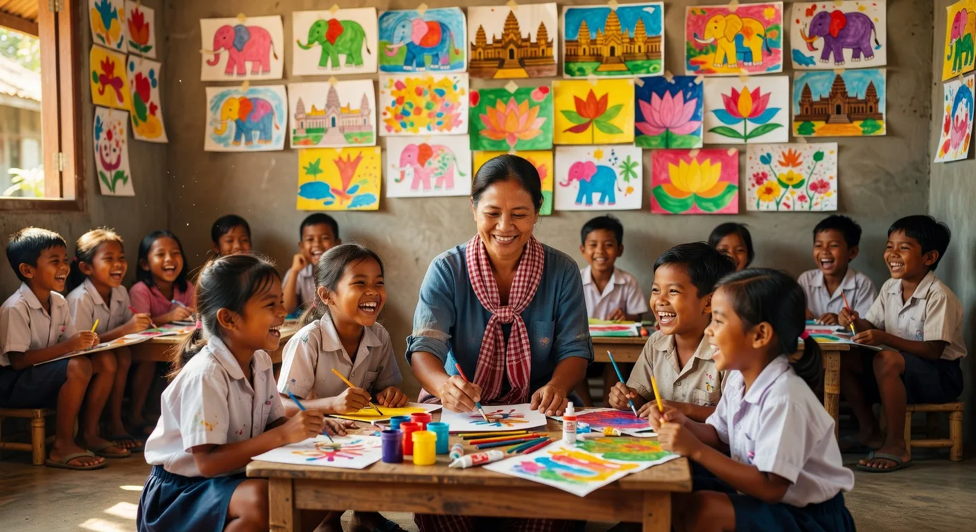 Atelier éducatif pour enfants cambodgiens dans une école locale à Siem Reap