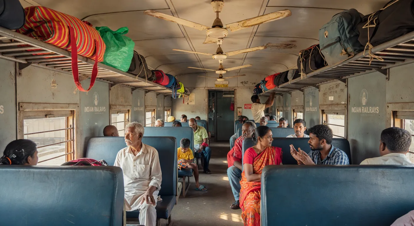 Intérieur d'un wagon de train indien avec voyageurs — ambiance authentique des transports locaux
