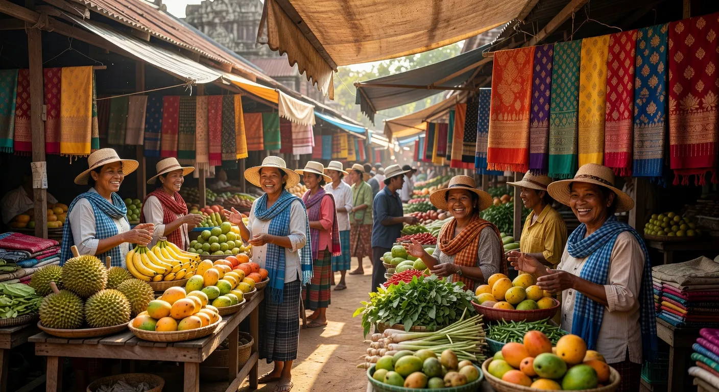 Marché local traditionnel cambodgien à Siem Reap — tourisme solidaire et immersion culturelle