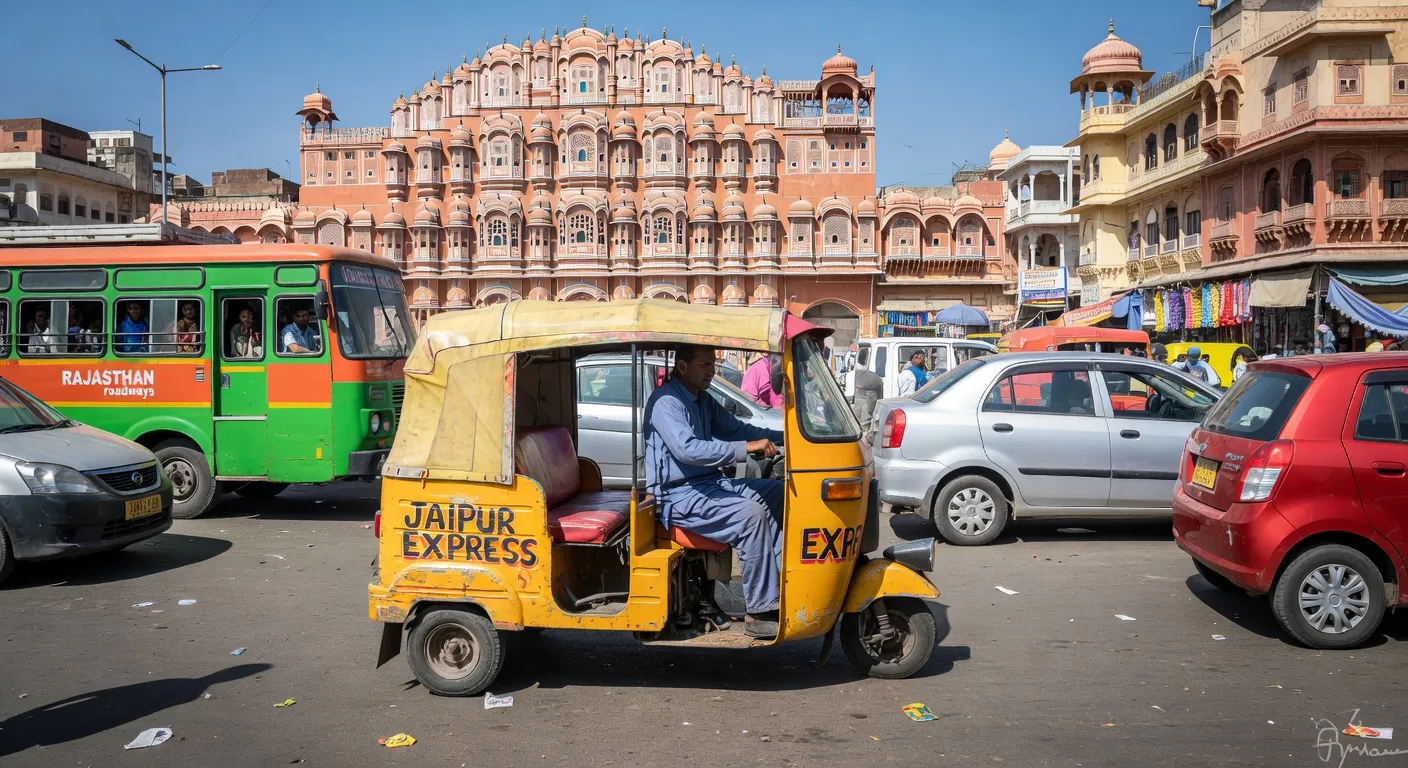 Auto-rickshaw tuk-tuk dans les rues animées de Jaipur — Rajasthan, Inde