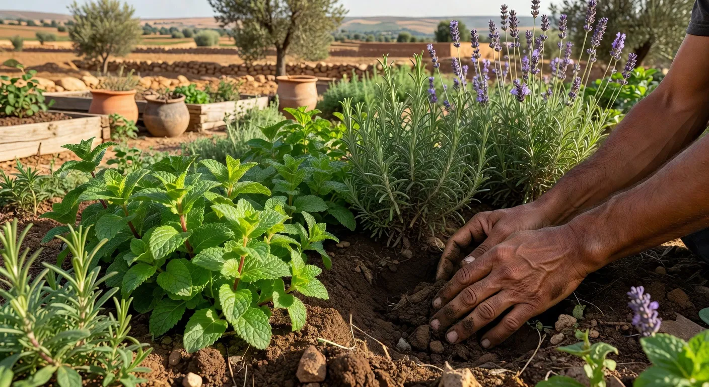 Jardin d'herbes aromatiques sur une ferme bio marocaine — romarin, menthe, lavande
