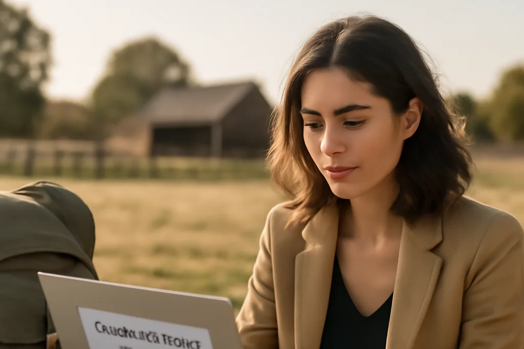 Voyageuse souriante consultant des documents d'assurance voyage sur un ordinateur portable, cadre rural en arrière-plan