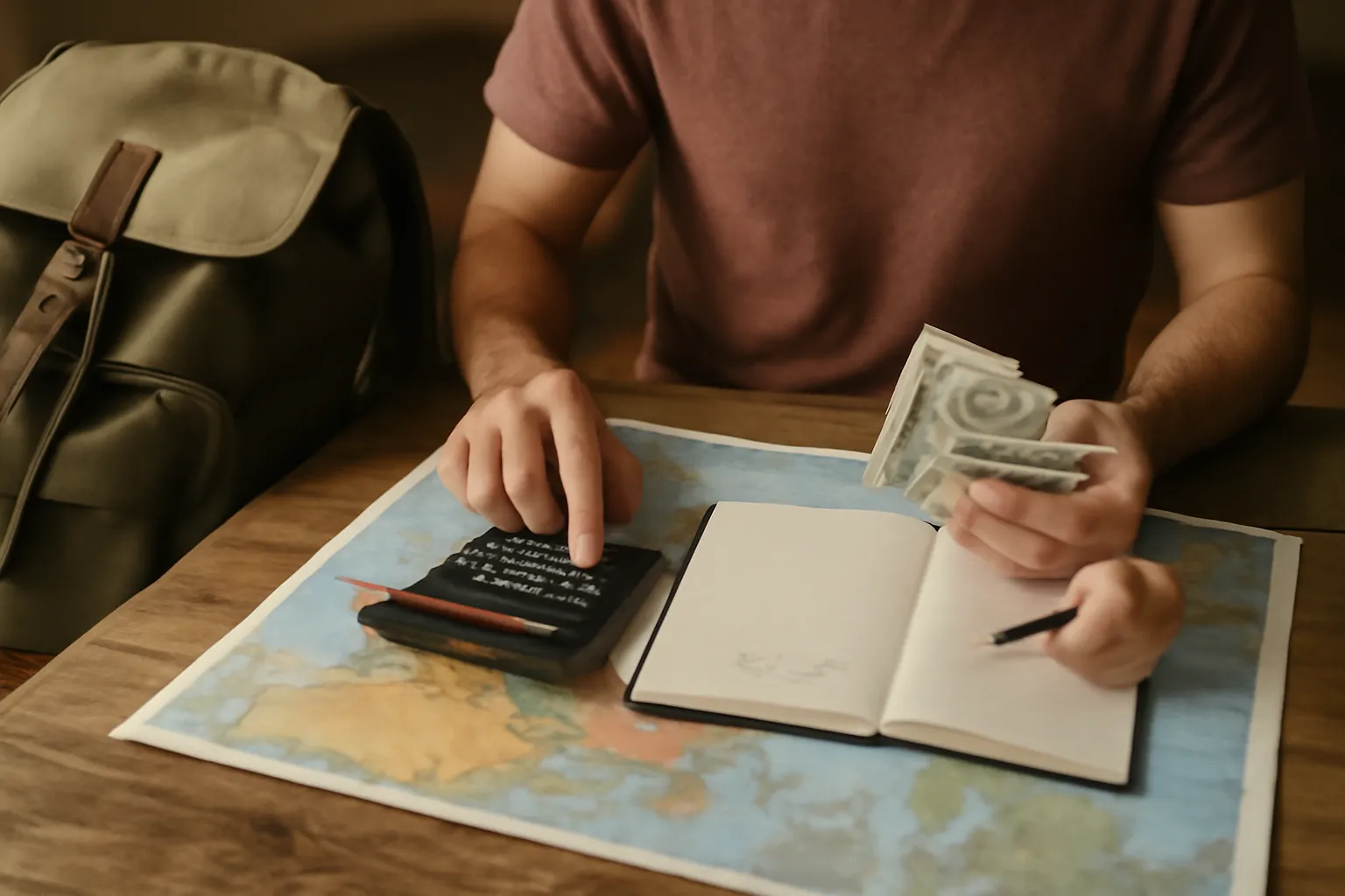 Voyageur calculant son budget de voyage en volontariat avec carnet de notes et carte du monde