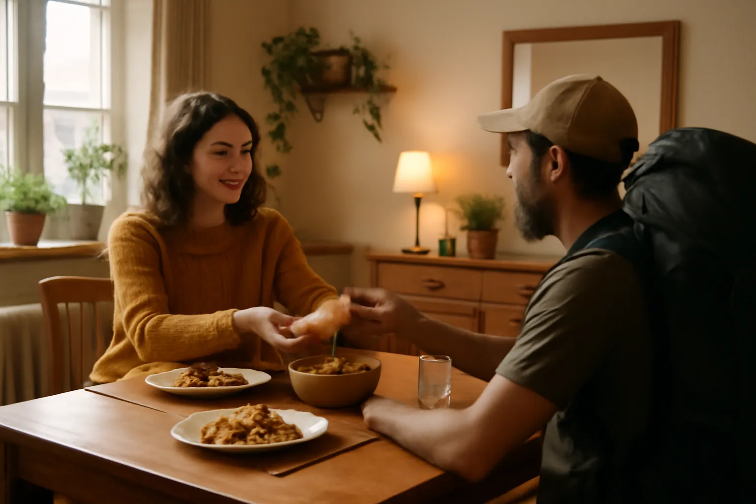 Hôte et voyageur partageant un repas convivial dans une maison, hébergement chez l'habitant