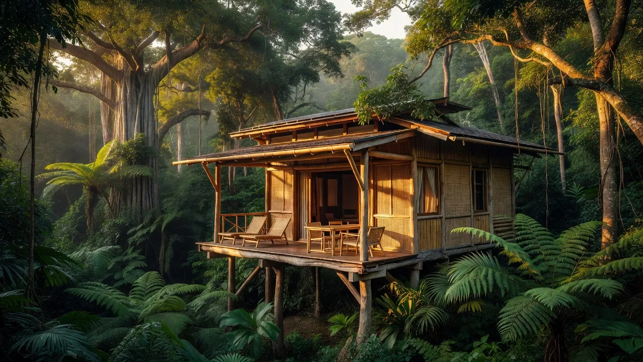 Cabane éco-lodge en bois naturel dans la canopée tropicale, architecture durable