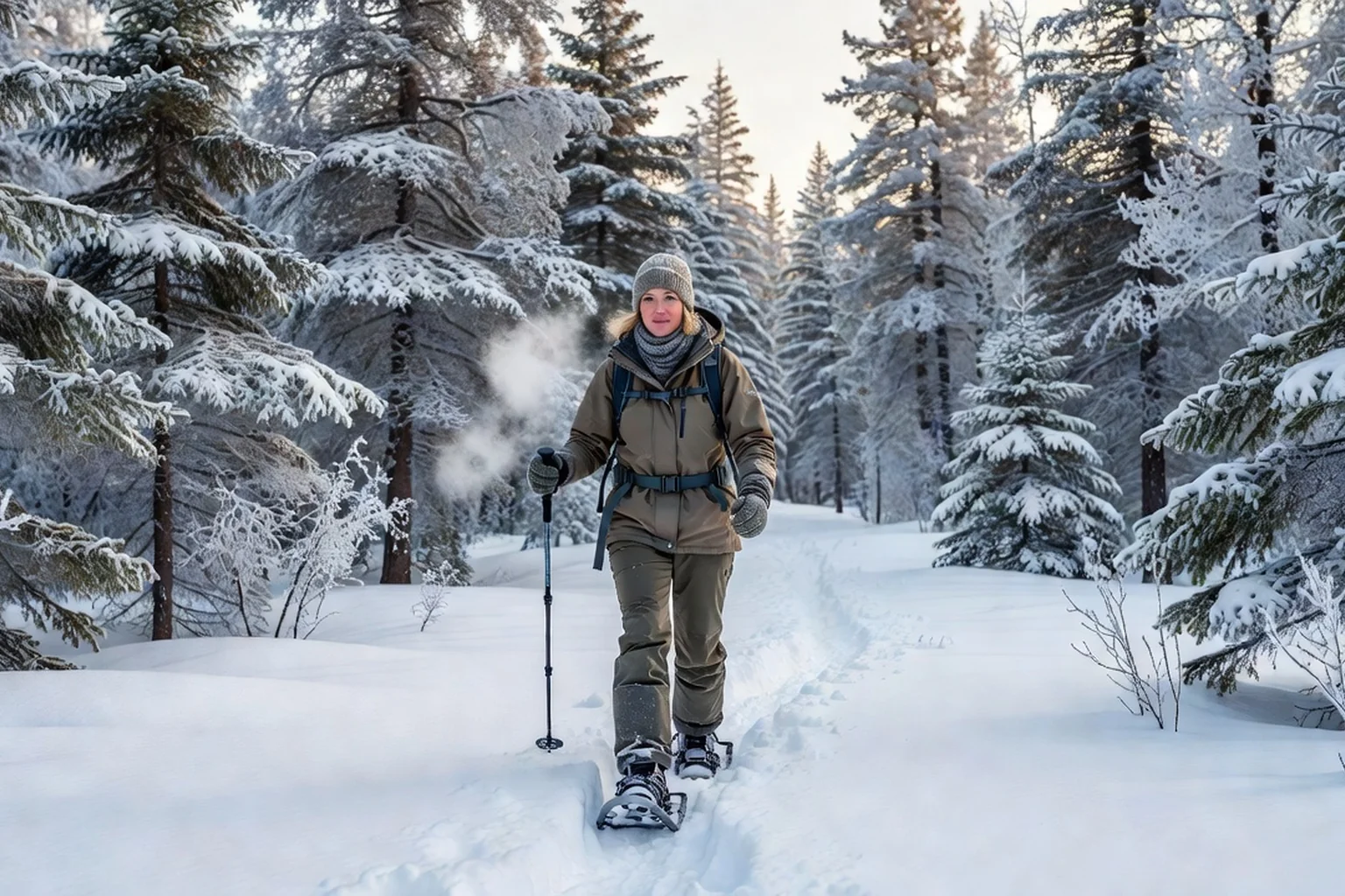 Femme en raquettes sur un sentier enneigé entre des sapins givrés d'un parc national du Québec